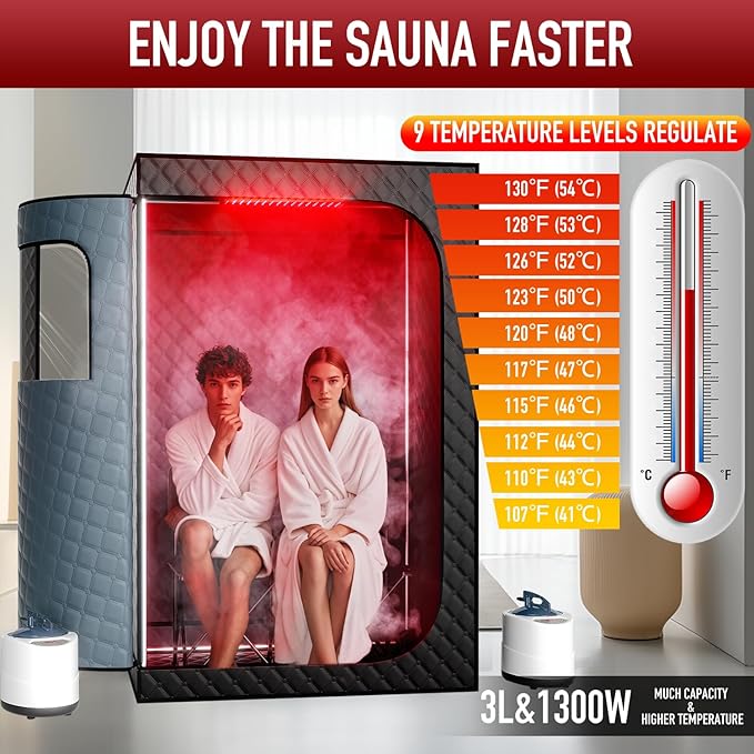 Upgraded 2 Person Sauna Portable Infrared Steam Sauna with 660nm Red Light Therapy Panel & 2X 3L 1300W Steamers, 2 Folding Chair, XXXL Sauna Box Sauna Tent Home Sauna, 72"x 50"x 36"