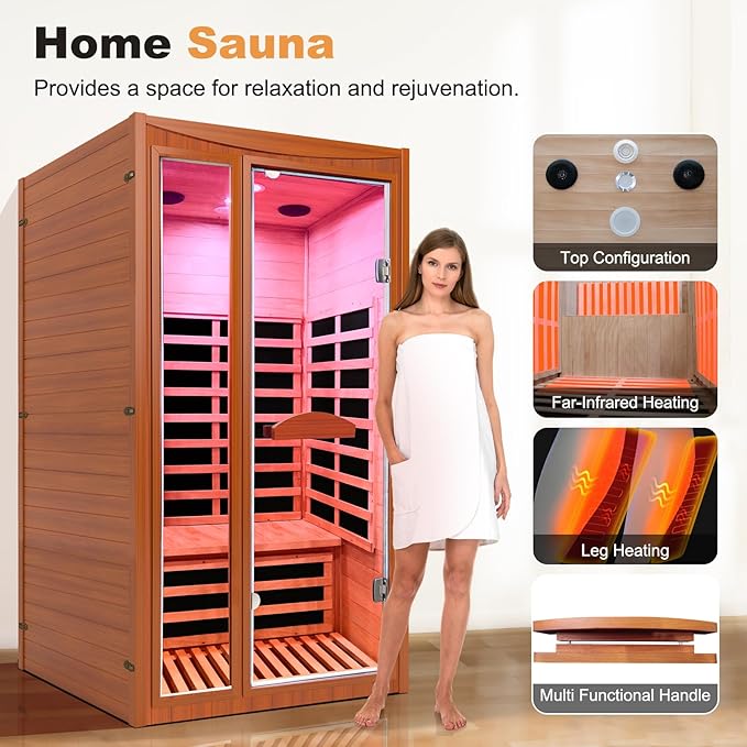 1-2 Person Home Sauna Low EMF Far Infrared Sauna with Red Light Bluetooth Speakers Indoor Dry Sauna 1550W 110V 39.37"x35.43"x74.8"