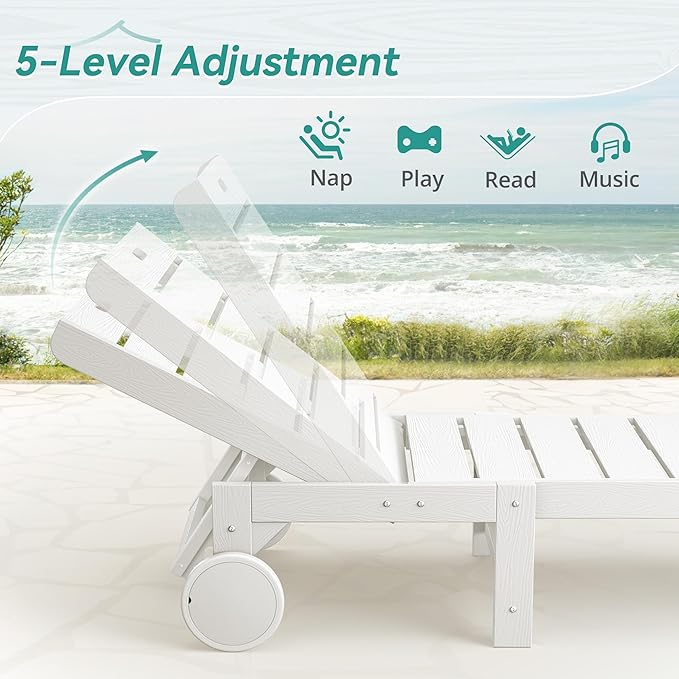 Outdoor Chaise Lounge Chairs with Table, 2-Piece, 26.8” Super Wide Lounge Chair Outdoor, HDPS Pool Chairs with 5 Positions, Patio Lounge Chair with Wheels for Pool,Lawn,Backyard, White