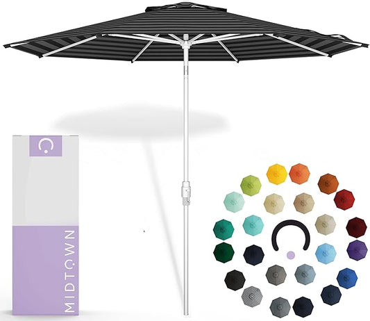 Midtown Umbrellas The Swilt 9 Feet Patio Umbrella in Sunbrella Black & White Acrylic Fabric - Fiberglass Ribs, Auto-Tilt Aluminum Frame For Backyard, Deck, Garden, Pool - White Pole