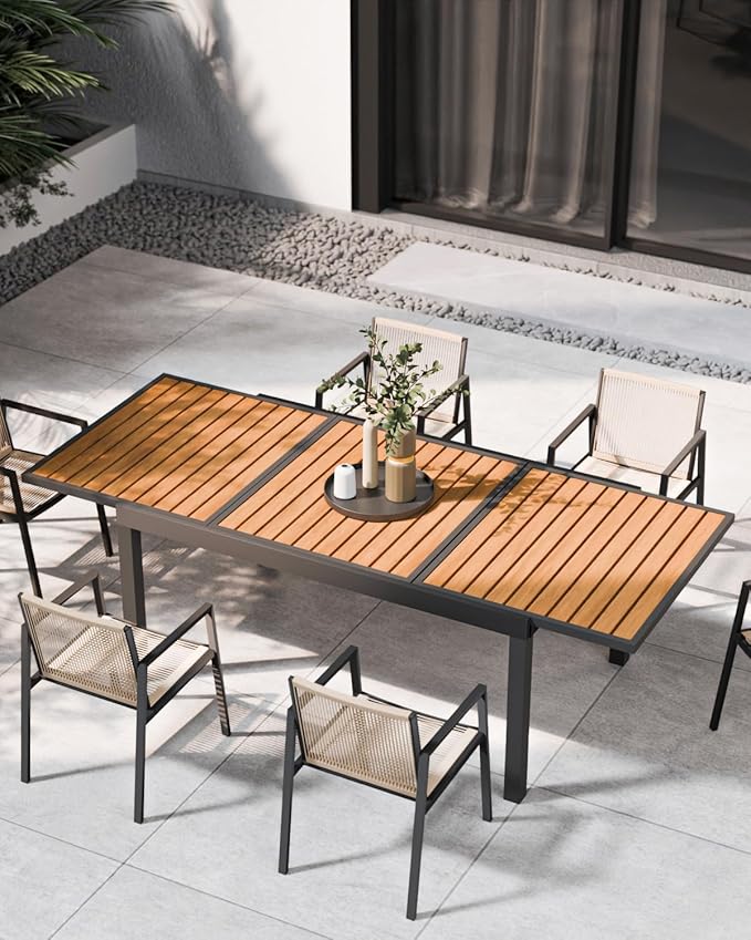 ZANDOR Expandable Outdoor Dining Set for 4-6-8,Patio Table and Chairs Set with Wood Top for Garden,Backyard,Porch,55"-82.7" Extendable Aluminum Outdoor Table Set with 4 Chairs,Grey