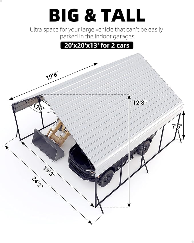 Garveelife 20'x20'x13' Metal Carport for 2 Cars, Heavy Duty Steel Frame for All Weather, Permanent Shelter for Boats, Full-Sized Pickup Trucks, and Tractors, N.W. 800 Lbs