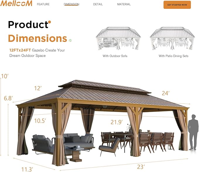 MELLCOM 12'x24' Hardtop Gazebo, Wood Grain Aluminum Frame with Galvanized Steel Double Roof, Outdoor Gazebo with Curtains and Nettings for Patio, Backyard and Deck