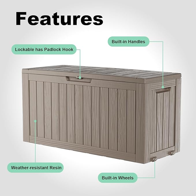 DRATO 75 Gallon Deck Box, Waterproof Resin Large Outdoor Storgae Box for Patio Furniture, Patio Cushions, Gardening Tools, Pool Supplies, Lockable