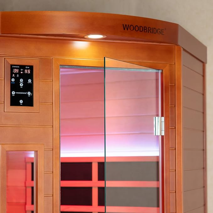 Woodbridge Infrared Sauna Room 2 Person Hemlock Wood Indoor Corner Sauna with 7 Carbon Heaters, Red Light Therapy,Bluetooth Speaker,Intelligent Dual Control System,Tempered Glass,Exterior Brim Light