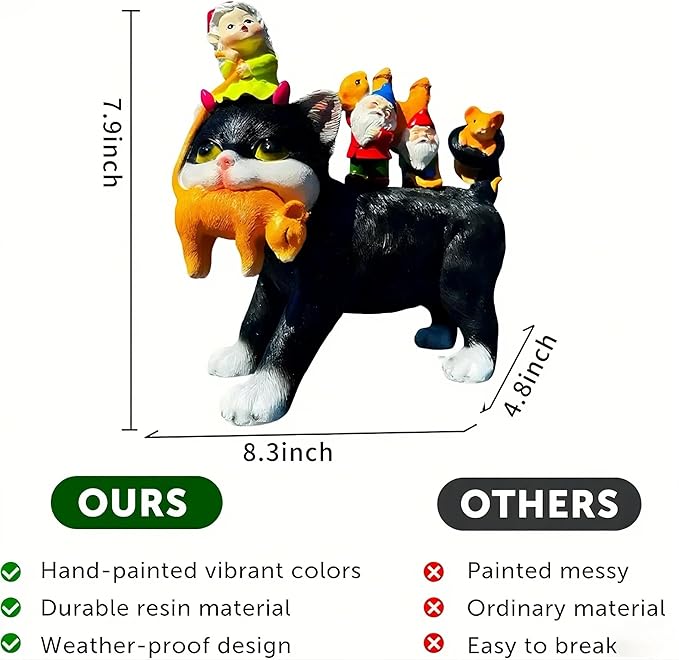 Cat Garden Gnome Statue - 9 "Lawn Decoration - Suitable for Patio, Balcony, Yard Decoration - Unique Housewarming Gift, Gift for Lover Mom Women Grandma,Halloween Cat Statue