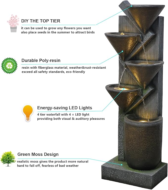 Water Fountain Outdoor 49.6“ Large Waterfall Fountain 5-Tier Indoor Floor Standing Water Fountains with LED Lights&Pump for Garden, Living Room, Patio, Home Decor with Natural Stones