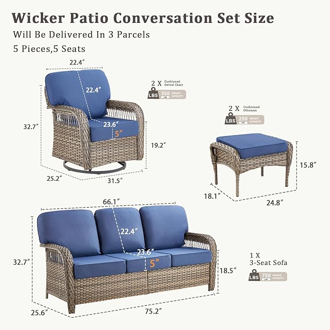 5 Pieces Patio Furniture Set Outdoor Sectional Sofa Couch with Rocking Swivel Chairs 5" Deep Seat Chairs, Modern Wicker Rattan Conversation Set, Blue/Gray Wicker
