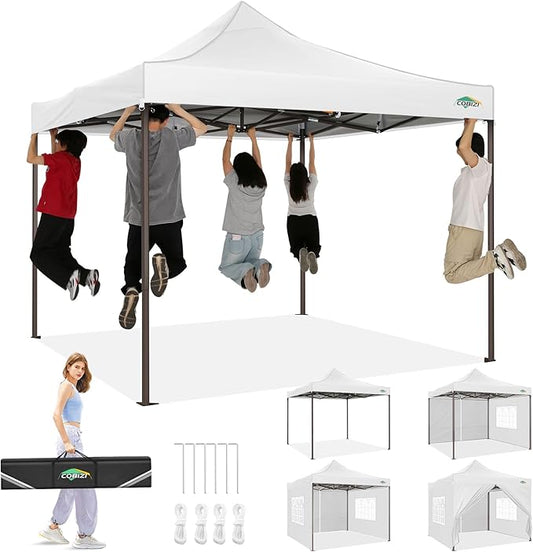 COBIZI 10x10 Pop Up Heavy Duty Canopy with 4 Sidewalls and Hexagonal Legs, Easy up Tent for Events, Parties, Camping, Outdoor Canopy with Portable Bag, Waterproof & UPF50+ (White)