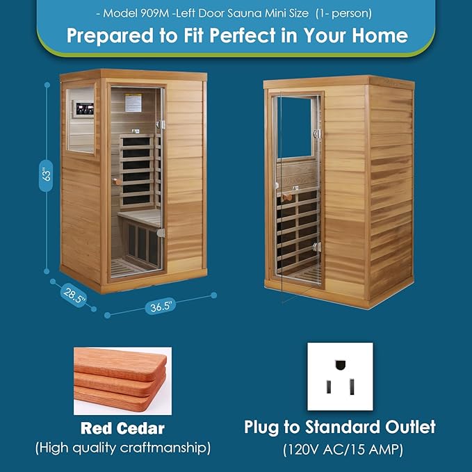 Saunas 909Mini Far Infrared Sauna, Indoor Dry Sauna (Red Cedar, 1 Person Mini Size Left Door)