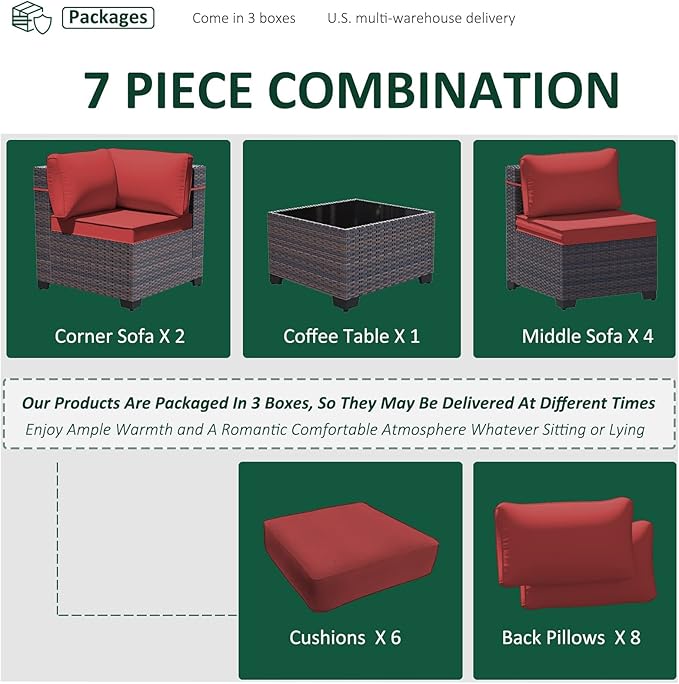 Outdoor Patio Furniture Set, 7 Pieces Outdoor Furniture All Weather Patio Sectional Sofa PE Wicker Modular Conversation Sets with Coffee Table,6 Chairs & Seat Clips(Red)