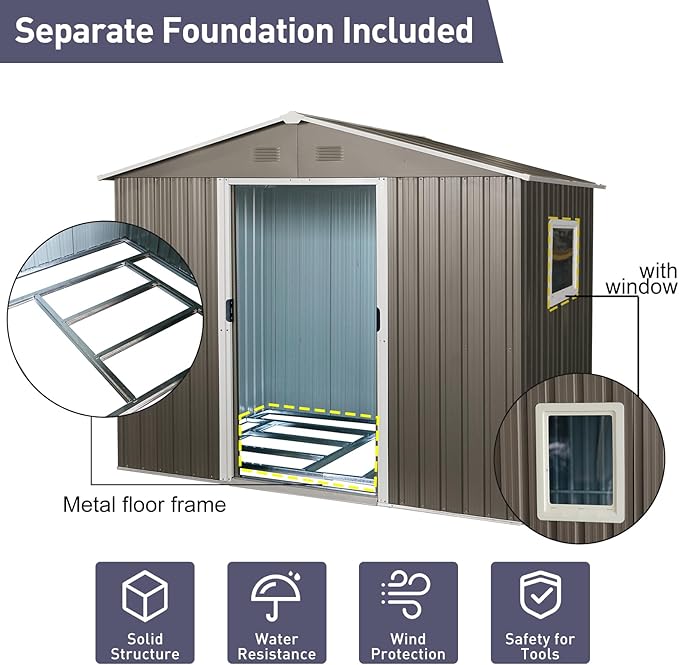 8x6 ft Outdoor Metal Storage Shed with Floor Foundation and Window, Lockable Galvanized Steel Tool Shed with Sliding Door and Air Vent, Waterproof Garden Storage House for Backyard, Patio