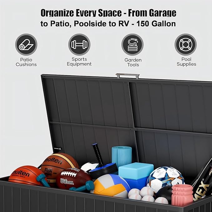 Outdoor Storage Box with Wheels 150 Gallon, Metal Deck Boxes Waterproof, UV Resistant Patio Storage Box with Lid for Patio Furniture, Garden Tools (Black)