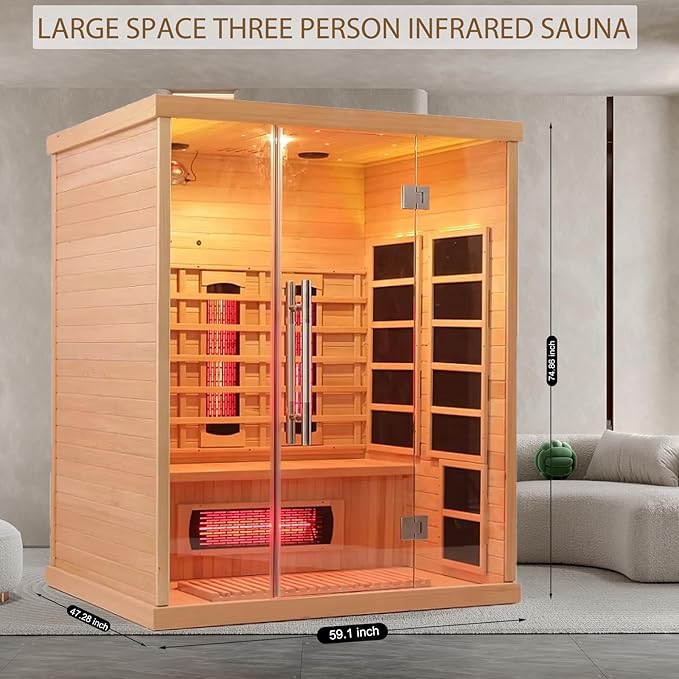 Smartmak Far Infrared Wood Sauna, 3 Person WiFi Control Home Canadian Hemlock Wooden Traditional Indoor Saunas, Full-Spectrum Red Light 2100W Spa Room, 11 Heating Elements, Speaker, Light, Oxygen Bar