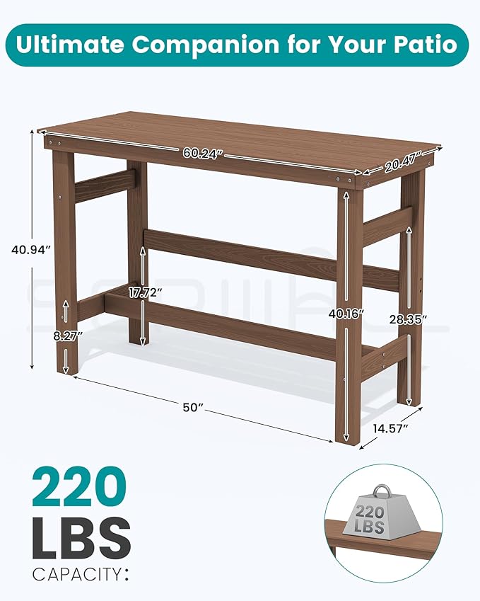 SERWALL 41" Outdoor Bar Table, All Weather HDPE Patio Bar Counter Height Table, Rectangle Patio Bar Table for Outside, Garden, Backyard, Balcony, Poolside, Brown