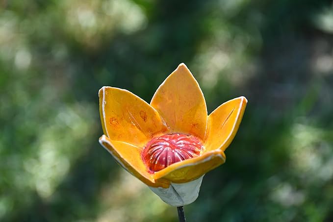 Ceramic Garden Decor - Flower Lawn Stake - Outdoor Statue - Perfect, Unique Gifts for Gardeners Woman, Men, Yard Gifts - Handmade, Frostproof