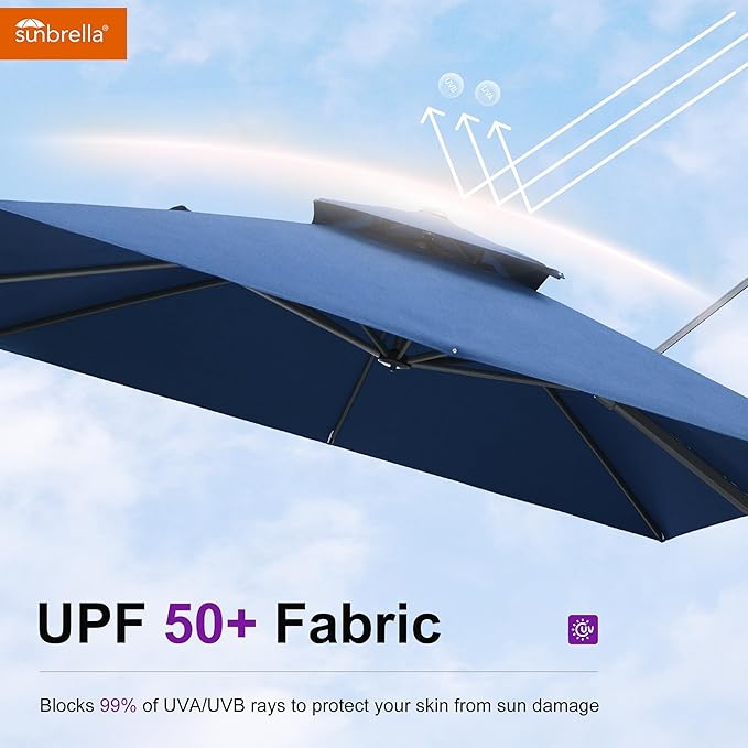 PURPLE LEAF Sunbrella Patio Umbrella 10 Feet Outdoor Double Top Large Offset Hanging 360° Rotation Heavy Duty Cantilever Square Umbrella for Garden Patio Deck Pool Backyard Spectrum Indigo