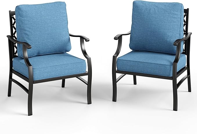 Patio Chairs Set of 2, High Back Outdoor Patio Metal Leg Chairs with 5.75" Thick Cushions for Bistro Balcony Porch Deck and Yard, Navy Blue
