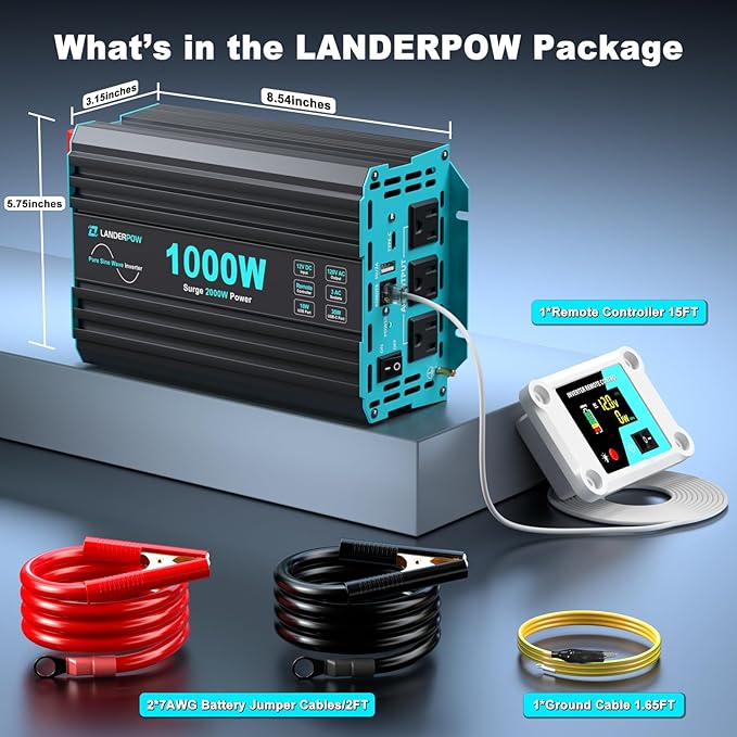 1000 Watt Pure Sine Wave Inverter, Power Inverter for Car, Camping, Solar, RV, Truck, Home, 12V DC to 120V AC Inverters with 3 AC Outlet, 30W USB-C, 5V 3.1A USB, Remote Control, Surge 2000W