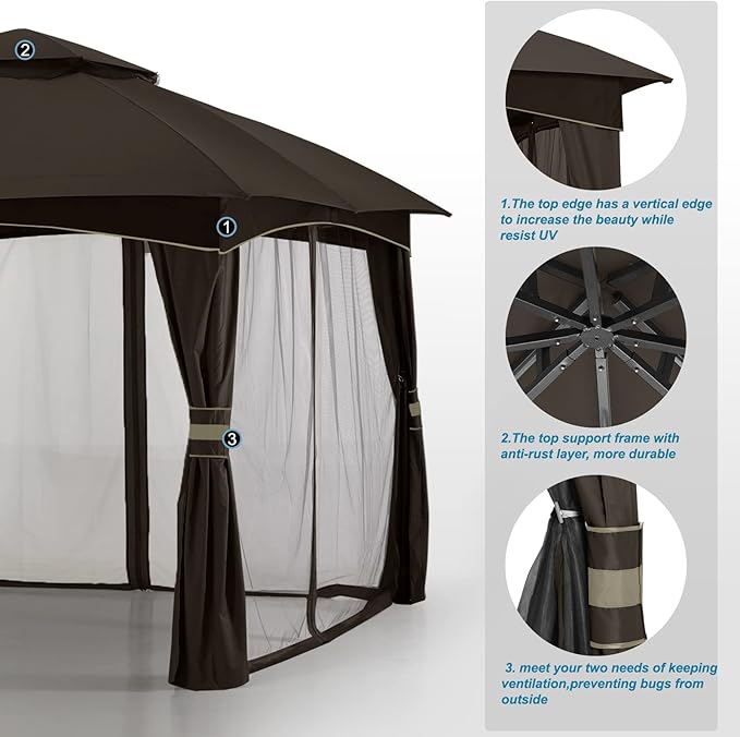 MASTERCANOPY Outdoor Patio Gazebo for Garden with Upgrade Steel Frame and Netting Walls (8x8,Brown)