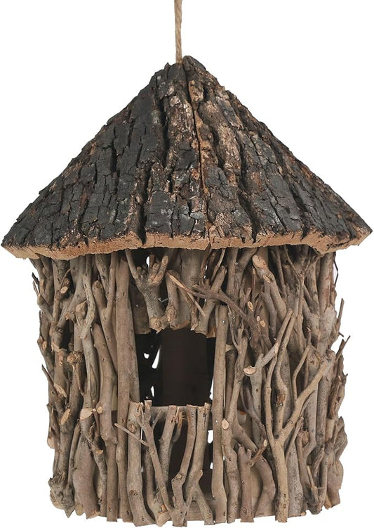 Twig-Covered Cylinder Birdhouse, 2.4" Entry for Medium Birds, Natural Branch Exterior & Waterproof Interior, Woodland Garden Backyard Decor