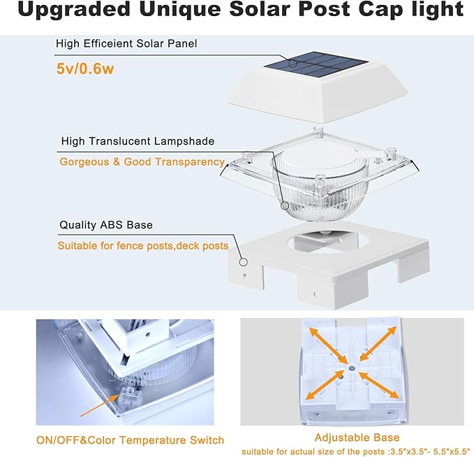 INDARUN Solar Post Lights Outdoor Waterproof, 2 Colors Modes, 120 Lumen, Solar Fence Deck Post Lights for 4x4 Post Caps - 4x4 5x5 6x6 Wood Posts/4x4 Vinyl Posts, for Front Porch, Paito, Backyard Decor