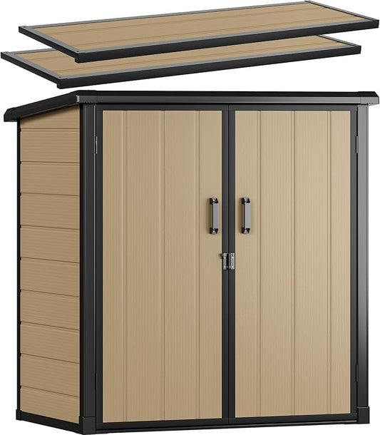 DWVO 51 cuft Outdoor Storage Shed with 2 Shelves, Weatherproof Vertical Tool Shed with Floor & Lockable Doors, Sturdy Double-Wall Plastic Cabinet for Garbage Cans and Garden Equipment (Brown)