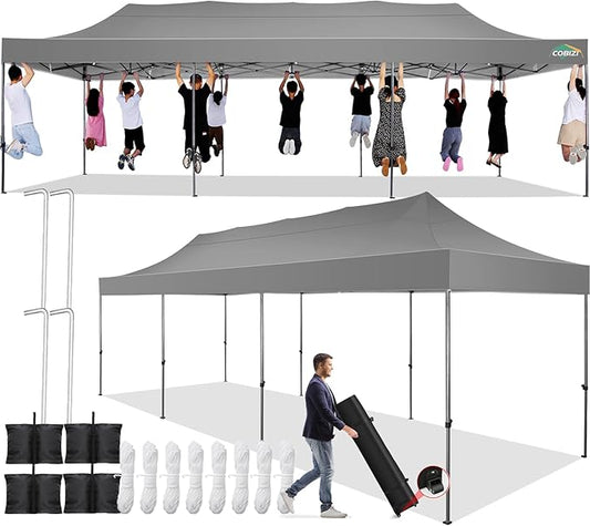 COBIZI 10x30 Pop up Canopy Tent 10x30 Canopy No Sidewall Waterproof Heavy Duty Commercial for Parties Outdoor Garden Gazebo Tent, Carry Bag with Wheel(10x30ft No Sidewalls, Gray)