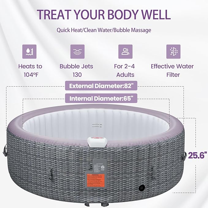 82" Inflatable Hot Tub for 4-6 People, Portable Outdoor Spa with 130 Soothing Bubble Jets, Smart Control Panel, with Insulated Cover, 6 Filters, PE Floor Mat, 110-120V Input (Round)