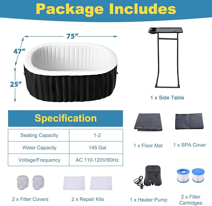 NAIZEA Inflatable Hot Tub - Outdoor Hot Tubs 2 Person, Portable Blow Up Spa Square Portable Hot Tub, 90 Soothing Bubble Air Jets, Cover, 2 Filter, 145 Gallon,75x47x25 in