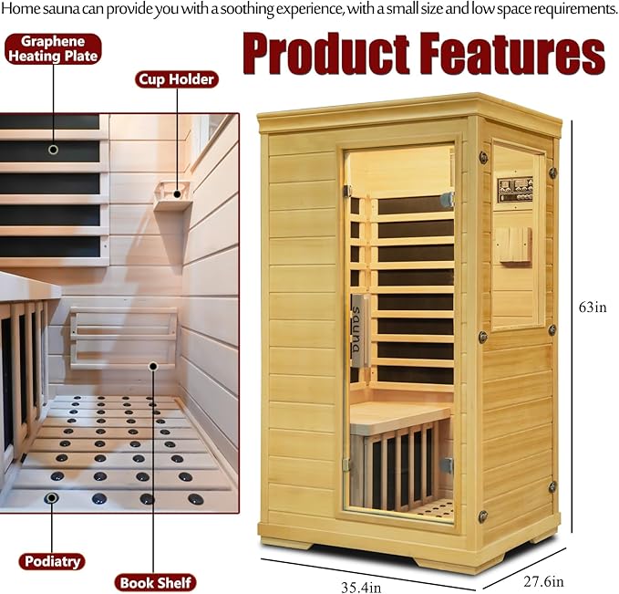 Far Infrared Sauna,1 Person Indoor Side-Opening Home Sauna Canadian Hemlock Wood Dry Sauna 1050W Carbon Heating Panels Infrared Home Spa