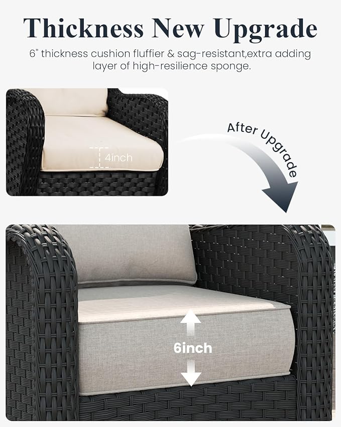 LayinSun 5 Piece Wicker Outdoor Furniture Set with 6-inch Comfy Cushions, High Back Patio Furniture Set with Swivel Rocking Chairs and Side Table