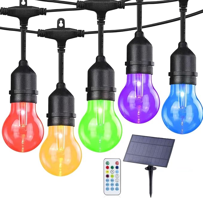 Auroraworld 144FT Solar RGB String Lights Outdoor, Dimmable Waterproof LED Patio Lights with Remote, 45 Shatterproof Edison Bulbs for Garden Cafe Party Decor
