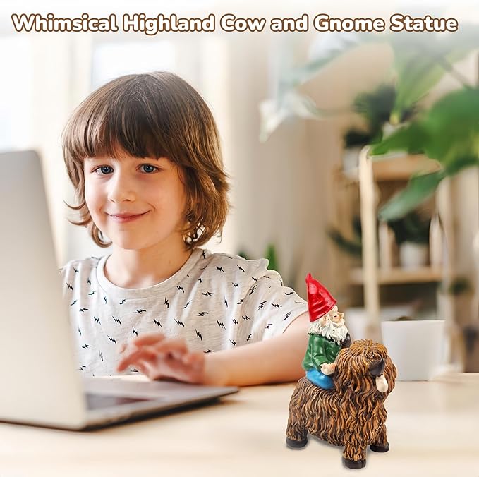 Highland Cow Gnome Garden Decorative Statue Garden Gnomes Decor Outdoor Statues Gnome Suitable for Patio, Back Porch Ornaments, Unique Housewarming, Birthday Gifts for Women, Mom