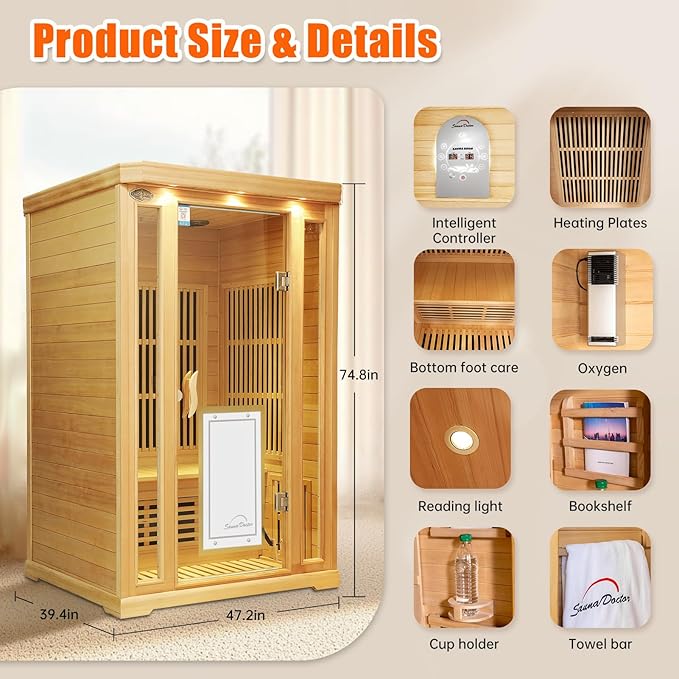 Far Infrared Sauna for Home Low EMF 2 Person Indoor Dry Hemlock Wood 1800W Graphene Heaters Panels Personal Sauna with Touch Intelligent Panel, Bluetooth Reading Light, 47.2 * 39.4 * 74.8in