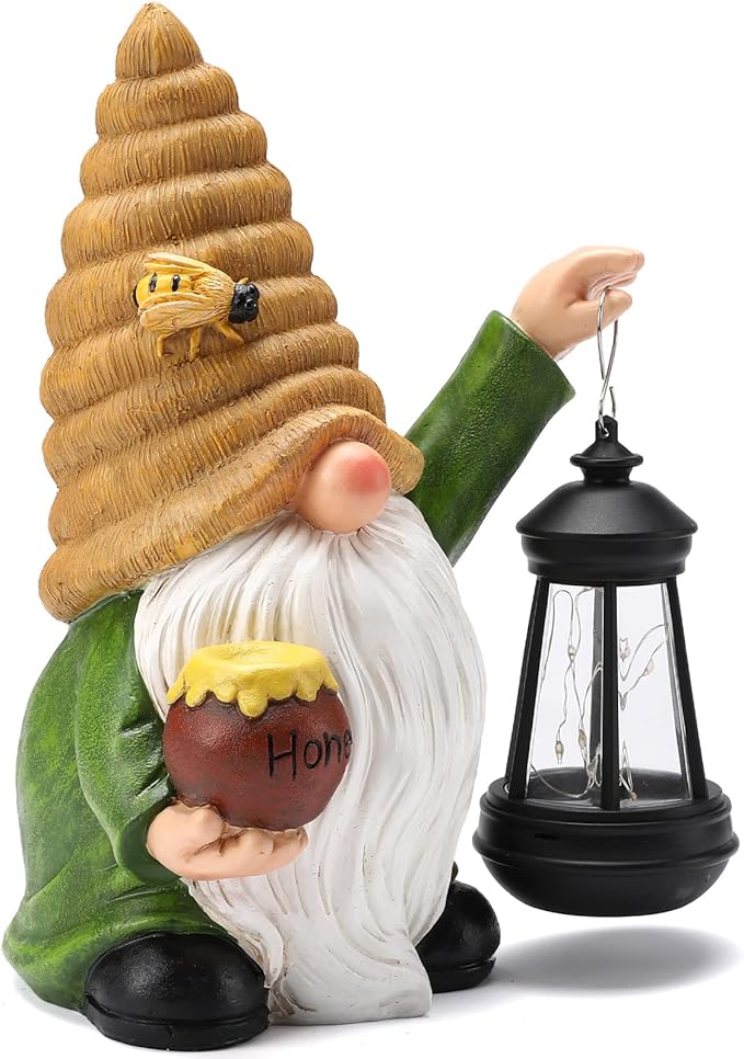 12.3''Solar Garden Gnomes Outdoor Decor Honey Bee jar Gnome Statues with LED Lantern Xmas Patio Lawn Yard Art Decoration Birthday Christmas Gardening Gifts for Mom Dad, Bee Gnome