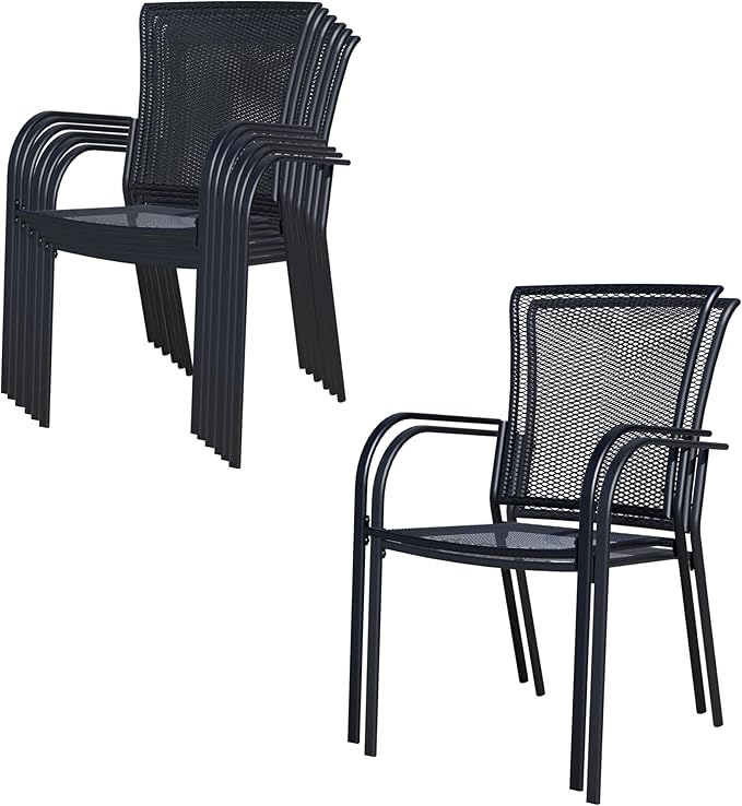 Outdoor Metal Patio Chairs Set of 8, Stackable Iron Mesh Dining Chairs with Armrests, All-Weather Bistro Chairs for Garden, Backyard, Porch, or Balcony