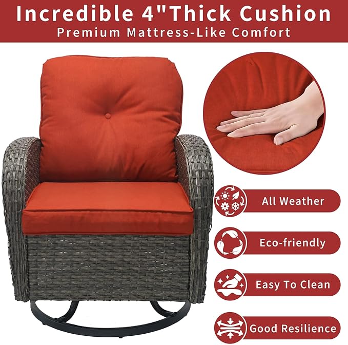 3 Pieces Patio Furniture Set, Outdoor Swivel Rocking Chair Set of 2 with Side Table - 360° Swivel, Thick Cushions, All-Weather Bistro Set for Deck, Porch, Pool(Wine Red, Grey Full-Weave Rattan)