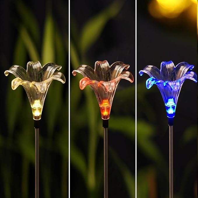 CANDLE CHOICE Solar Powered Landscape LED Lights Outdoor Waterproof Color Changing Garden Figurine Stake Lights for Outside Yard Lawn Flower Beds Plant Path Christmas Decorations 2 Pack Lily