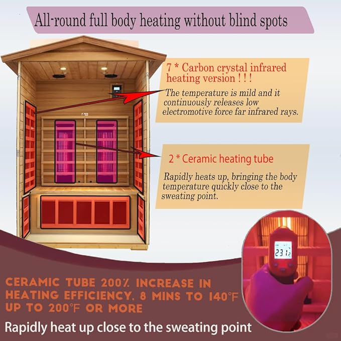 Outdoor Sauna 2 Person, Ceramic Infrared Saunas for Home, 0－5 mg Low EMF Infrared Sauna, Mahogany Wood Home Sauna Room with Bluetooth Speakers, LED Reading Lamps, Chromotherapy Lights