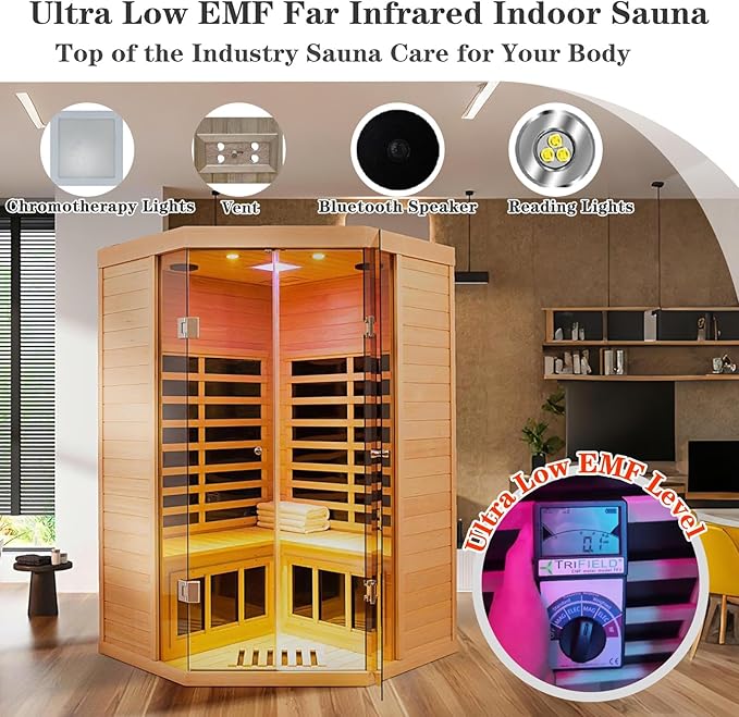 Smart APP Control 2-3 Person Ultra Low EMF (0-5mG) Far Infrared Sauna for Home, 1520W Hemlock Wood Sauna Room with Bluetooth Speaker & Chromotherapy Lights, LCD Touch Panel, Constant Temperature Cover