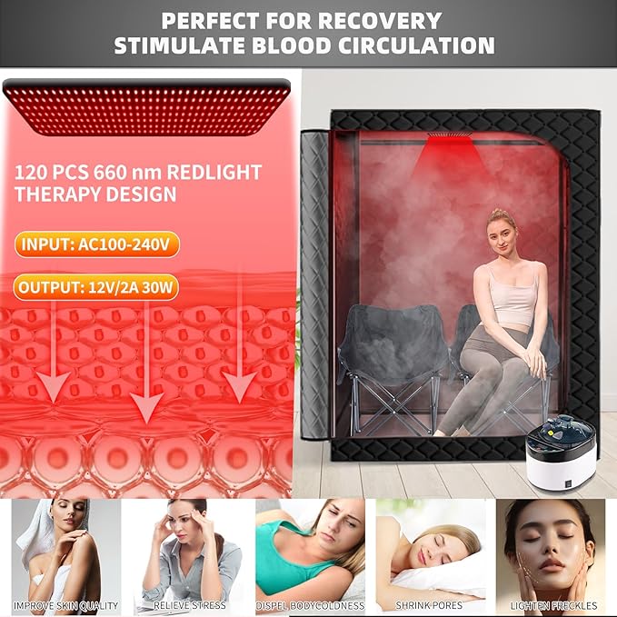 Portable Infrared Saunas for Home, One Person Steam Sauna, Full Body Steam Tent for Relaxation,2 Person Steam Saunas Box with 660nm Red Light Therapy, 4L&1500W Sauna Steamer, Folding Chair