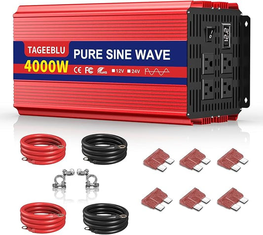4000W Pure Sine Wave Inverter, 12V DC to 110V/120V AC Power Inverter for RV、Off Grid with 2 AC outlets and LCD Display