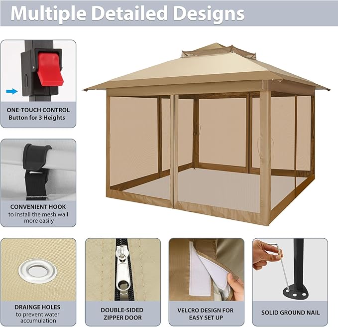 COBIZI Pop Up Gazebo 11x11 One-Push Canopy Tent, Carpas Para Patio, Outdoor Canopy Shelter with Double Roof Ventiation 121 Square Feet of Shade for Lawn, Garden, Backyard and Deck, Khaki(Upgraded 2.0)