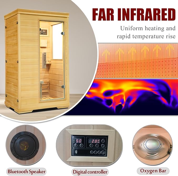 Far Infrared Sauna,1 Person Indoor Side-Opening Home Sauna Canadian Hemlock Wood Dry Sauna 1050W Carbon Heating Panels Infrared Home Spa