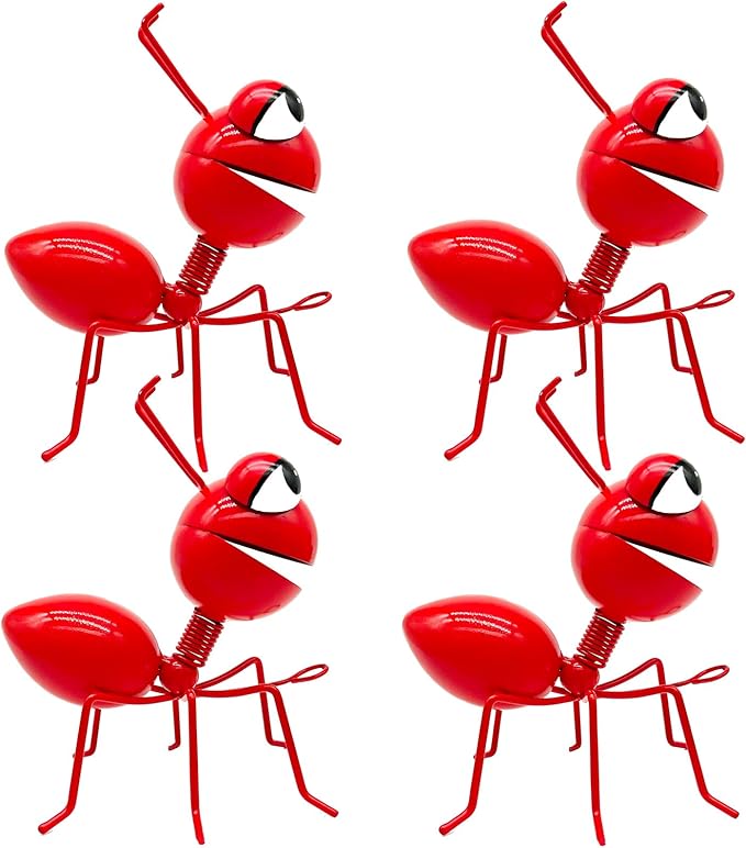 Metal Yard Art Garden Decorative Cute Ant Outdoor Wall Sculptures - Set of 4 Red