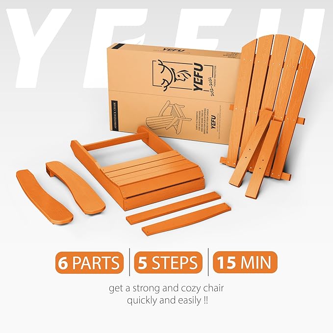 YEFU Adirondack Chairs Set of 4: Outdoor Chair HIPS Plastic Adirondack Chairs - Patio Chairs with Wood Texture - Lawn Fire Pit Deck Porch Garden Chairs for Adults (Tangerine)