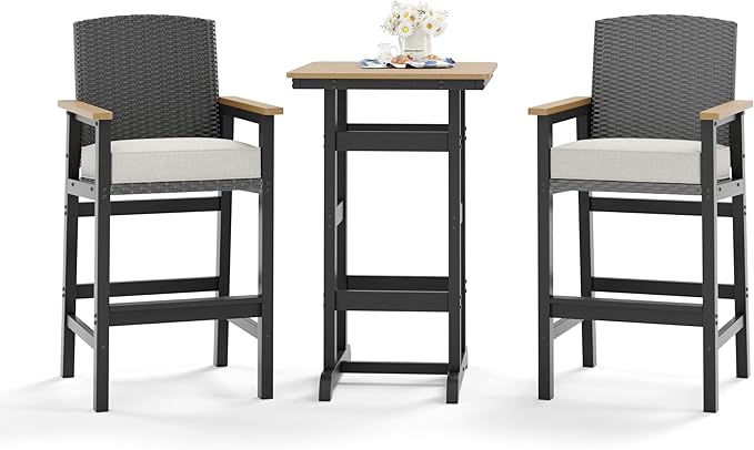 HERA'S HOUSE HDPE Outdoor Bar Set of 3, 2 Bar Stools with Wicker Backrest and Comfy Thick Cushion, 42” All Weather Outdoor Bar Table with Cut-Out Legs, Patio Bar Table and Chairs Set