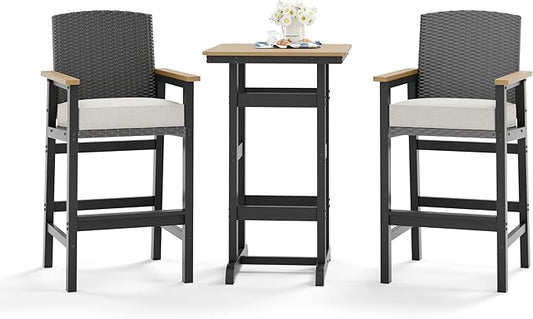 HERA'S HOUSE HDPE Outdoor Bar Set of 3, 2 Bar Stools with Wicker Backrest and Comfy Thick Cushion, 42” All Weather Outdoor Bar Table with Cut-Out Legs, Patio Bar Table and Chairs Set