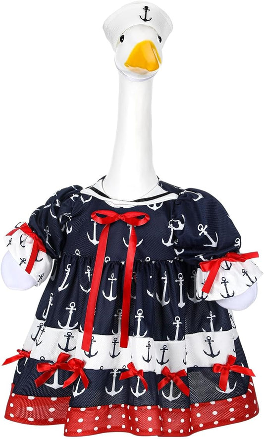 Summer Porch Goose Outfit Nautical Party Sailor Goose Clothes for 23" High Cement or Plastic Geese Costume Cruise Dresses for Yard Lawn Outdoor Garden Patio Anchor Ocean Holiday Beach Decor
